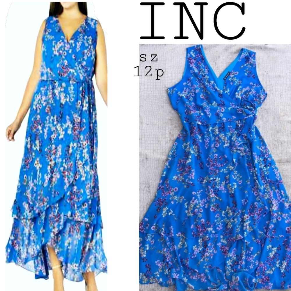 INC blue floral faux wrap ruffle dress. Sz 12p
